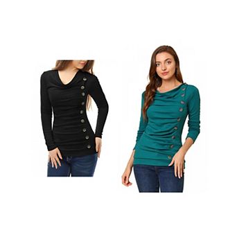 2 Packs Women's Cowl Neck Buttons Decor Long Sleeves Ruched Blouses