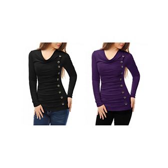 2 Packs Women's Cowl Neck Buttons Decor Long Sleeves Ruched Blouses