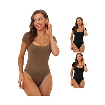 3 Packs Women's Square Neck Bodysuit Tummy Control Shapewear Thong Short Sleeve Leotard
