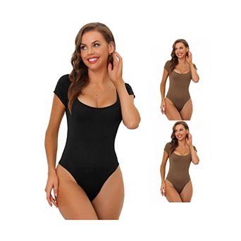 3 Packs Women's Square Neck Bodysuit Tummy Control Shapewear Thong Short Sleeve Leotard