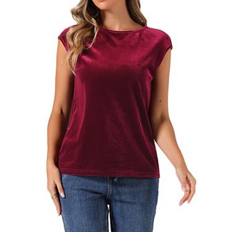 Velvet Blouse For Women's Cap Sleeve Office Casual Basic Crew Neck Tee Top