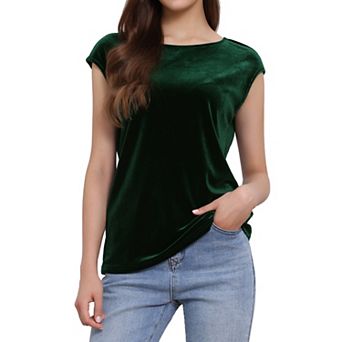 Velvet Blouse for Women's Cap Sleeve Office Casual Basic Crew Neck Tee Top