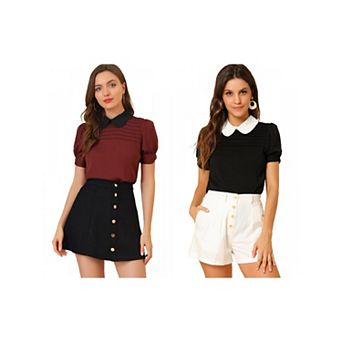 2 Packs Women's Vintage Peter Pan Collar Contrast Short Sleeve Blouse Tops