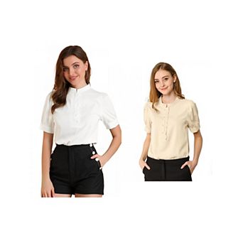 2 Packs Women's Work Office Blouse Half Placket Ruffled Sleeve Shirt Tops