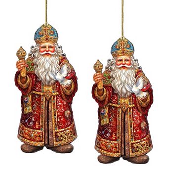 Set Of 2 - Santa's Dove Of Hope Wooden Christmas Ornaments By G. Debrekht