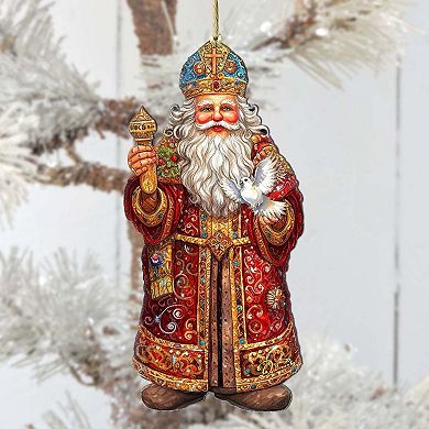 Set Of 2 - Santa's Dove Of Hope Wooden Christmas Ornaments By G. Debrekht