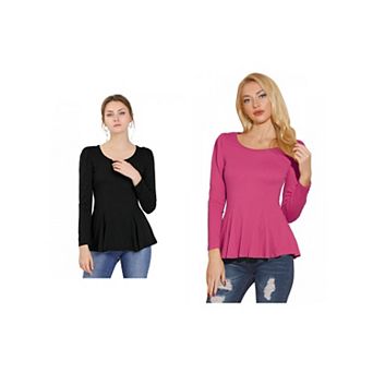 2 Packs Women's Long Sleeves Scoop Neck Casual Peplum Shirt Tops