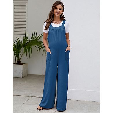 Women's Maternity Casual Loose Jumpsuit Sleeveless Tie Loose Jumpsuit With Pockets