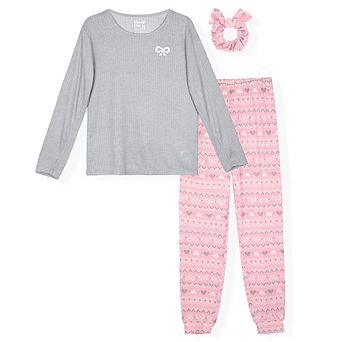 Sleep On It Girls 2 pc Long Sleeve Hacci Pajama Set with Matching Scrunchie