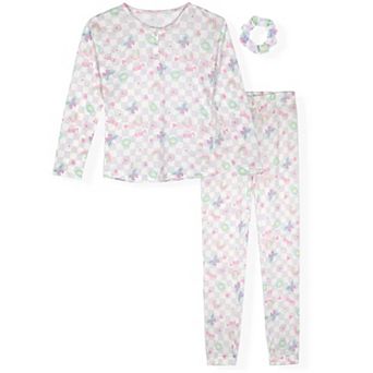 Sleep On It Girls 2 pc Long Sleeve Hacci Pajama Set with Matching Scrunchie