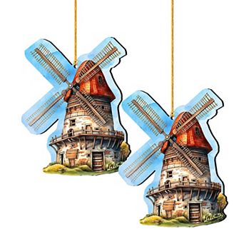 Set Of 2 - Windmill Wooden Christmas Ornaments By G. Debrekht