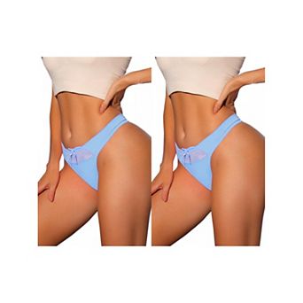 2 Packs Women's Low-waisted Satin Bikini Panties Elastic Lace Waist Thongs Underwear
