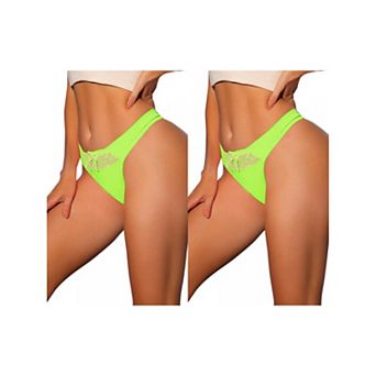 2 Packs Women's Low-waisted Satin Bikini Panties Elastic Lace Waist Thongs Underwear