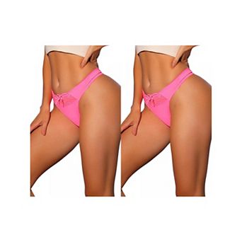 2 Packs Women's Low-waisted Satin Bikini Panties Elastic Lace Waist Thongs Underwear