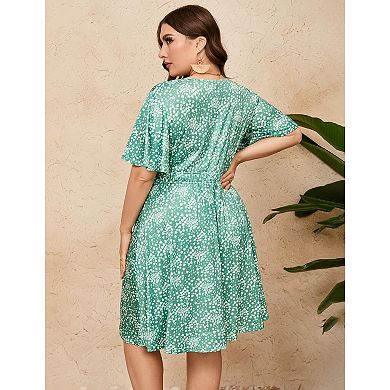 Women's Plus Size Boho Floral V Neck Ruffle Short Sleeve Dress Elastic High Waist A Line Dress