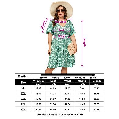 Women's Plus Size Boho Floral V Neck Ruffle Short Sleeve Dress Elastic High Waist A Line Dress