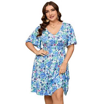 Women's Plus Size Boho Floral V Neck Ruffle Short Sleeve Dress Elastic High Waist A Line Dress
