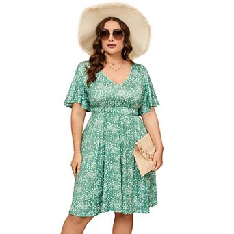 Women's Plus Size Boho Floral V Neck Ruffle Short Sleeve Dress Elastic High Waist A Line Dress