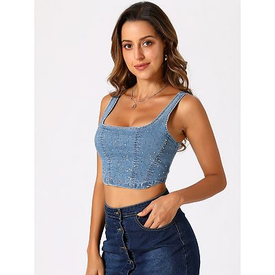 Denim Corset Tops For Women's Sleeveless Bustier Jean Crop Tank Top