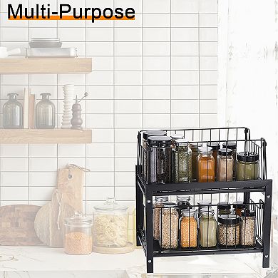 2 Tier Under Sink Cabinet Organizer With Sliding Drawer, Pull Out Home Organizer, Black