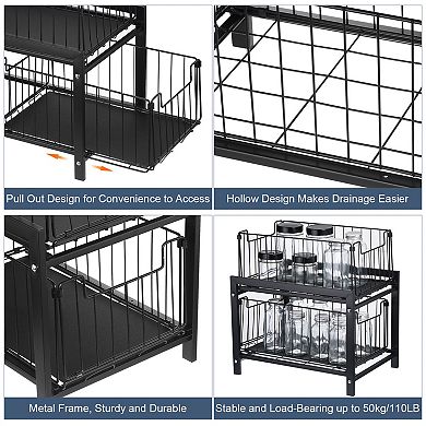 2 Tier Under Sink Cabinet Organizer With Sliding Drawer, Pull Out Home Organizer, Black