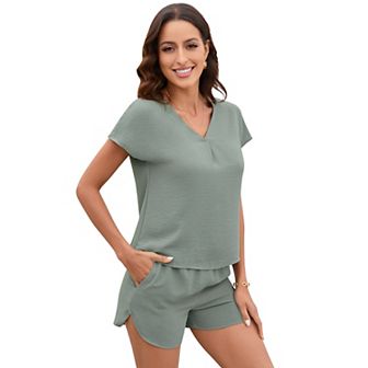 Blueming Ladies Short-sleeved Pajamas V-neck Lotus Sleeve Two-piece Leisure Suit Home Wear