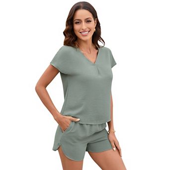 Blueming Ladies Short-sleeved Pajamas V-neck Lotus Sleeve Two-piece Leisure Suit Home Wear