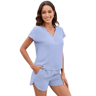 Blueming Ladies Short-sleeved Pajamas V-neck Lotus Sleeve Two-piece Leisure Suit Home Wear