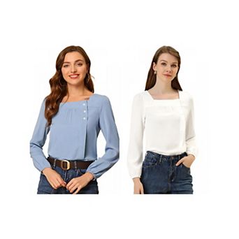 2 Packs Women's Casual Button Decor Solid Square Neck Tops