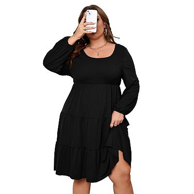 Women Plus Size Smocked Long Lantern Sleeve Dress Scoop Neck High Waist Tiered Ruffle Midi Dress