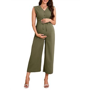 Women's Maternity V Neck Sleeveless Drawstring Waist Wide Leg Cropped Jumpsuit with Pockets