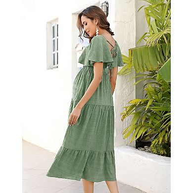 Women's Maternity Dress V Neck Short Sleeve Smocked Ruffle Tiered Flowing Pleated Midi Dress