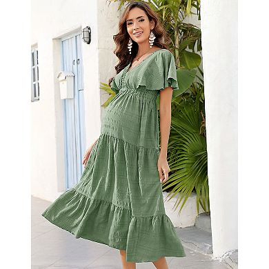 Women's Maternity Dress V Neck Short Sleeve Smocked Ruffle Tiered Flowing Pleated Midi Dress