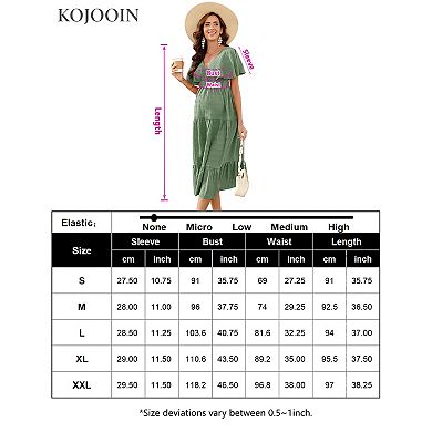Women's Maternity Dress V Neck Short Sleeve Smocked Ruffle Tiered Flowing Pleated Midi Dress
