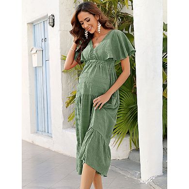 Women's Maternity Dress V Neck Short Sleeve Smocked Ruffle Tiered Flowing Pleated Midi Dress