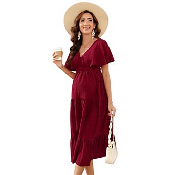 Women's Maternity Dress V Neck Short Sleeve Smocked Ruffle Tiered Flowing Pleated Midi Dress