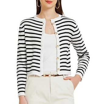 Women's Round Neck Stripes Button Down Striped Cropped Cardigan Sweaters