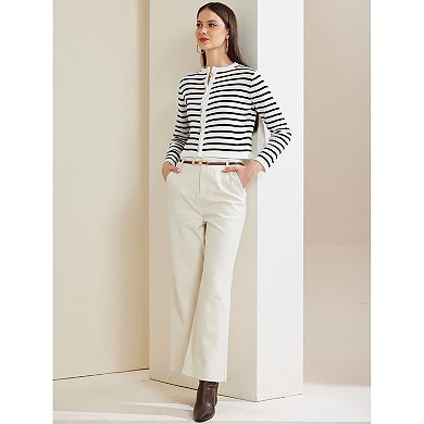 Women's Round Neck Stripes Button Down Striped Cropped Cardigan Sweaters