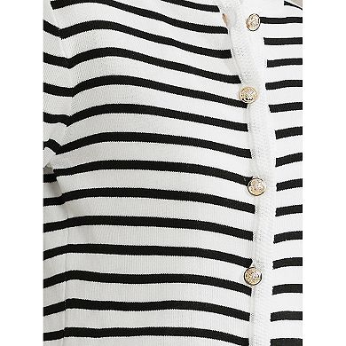 Women's Round Neck Stripes Button Down Striped Cropped Cardigan Sweaters