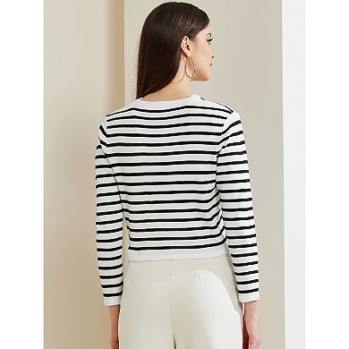 Women's Round Neck Stripes Button Down Striped Cropped Cardigan Sweaters