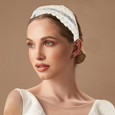Elegant Lace Mesh Cross Pattern Hairband For Women 6.30"x5.12" Beige