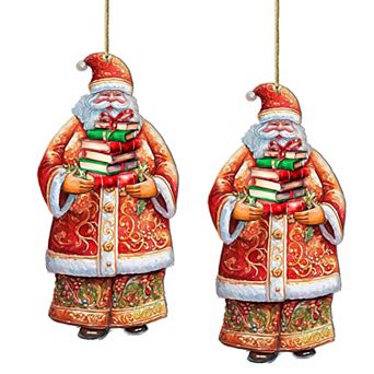 Set Of 2 - Santa's Book Collection Wooden Christmas Ornaments By G. Debrekht