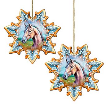 Set Of 2 - Horse Snowflake Wooden Christmas Ornaments By G. Debrekht