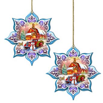 Set Of 2 - Christmas Red Barn Snowflake Wooden Christmas Ornaments By G. Debrekht
