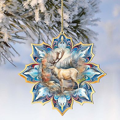 Set Of 2 - Reindeer Snowflake Wooden Christmas Ornaments By G. Debrekht