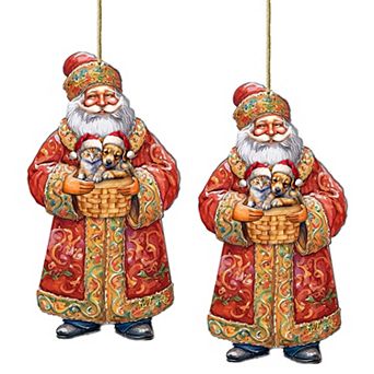 Set Of 2 - Yuletide Pets With Santa Wooden Christmas Ornaments By G. Debrekht