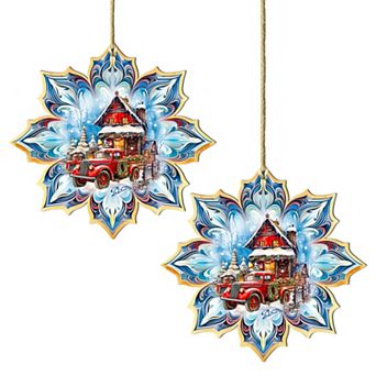 Set Of 2 - Christmas Cottage Snowflake Wooden Christmas Ornaments By G. Debrekht