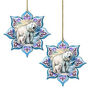 Set Of 2 - Polar Bear Snowflake Wooden Christmas Ornaments By G. Debrekht