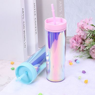 Tumbler With Lid And Straw, Insulated Double Wall Cup For Ice Coffee, Iridescent Travel Tumblers