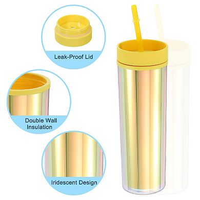 Tumbler With Lid And Straw, Insulated Double Wall Cup For Ice Coffee, Iridescent Travel Tumblers